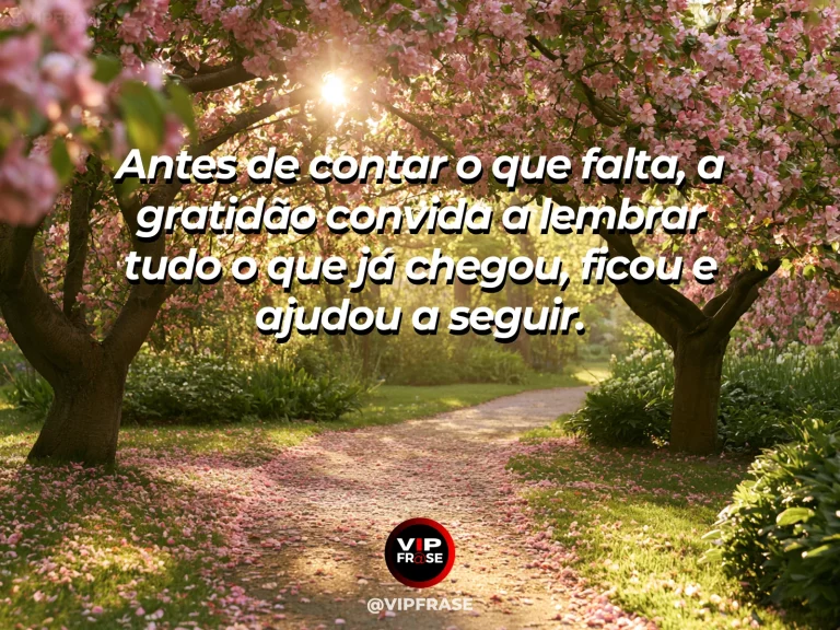 Mensagem de gratidão sobre valorizar o que já existe, com caminho tranquilo entre árvores douradas com luz de fim de tarde