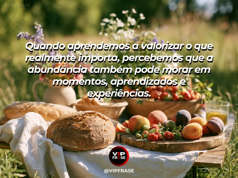 Mensagem de gratidão com cena de mesa com elementos naturais simples e abundantes, frutas, flores e luz solar suave, sem ostentação