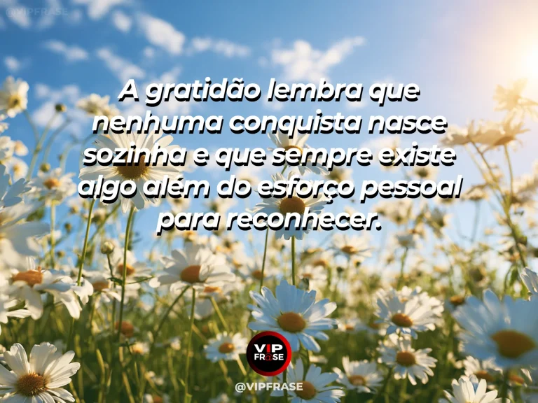 Mensagem de gratidão sobre humildade diante das conquistas, com paisagem ampla vista do alto com figura pequena contemplando o horizonte