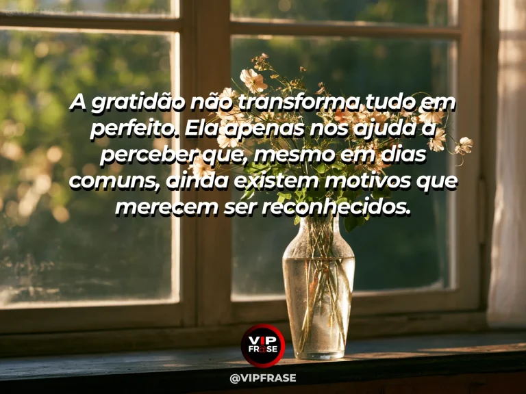 Mensagem reflexiva sobre gratidão pelo cotidiano, com varanda ensolarada com flores e vista ampla para a cidade.