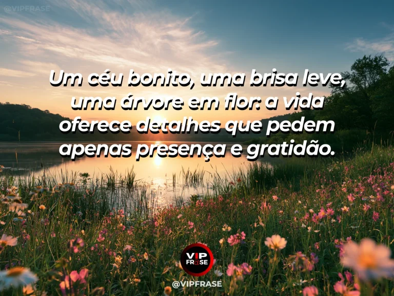 Frase de gratidão em cenário de árvore florida contra um céu azul com nuvens suaves, cena leve e luminosa.