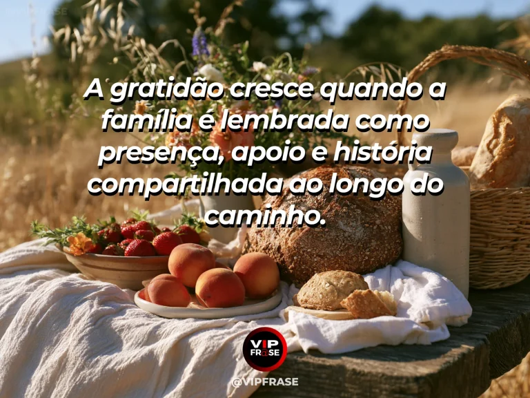 Mensagem de gratidão sobre gratidão pela família, com silhuetas de família caminhando juntas ao entardecer em parque arborizado
