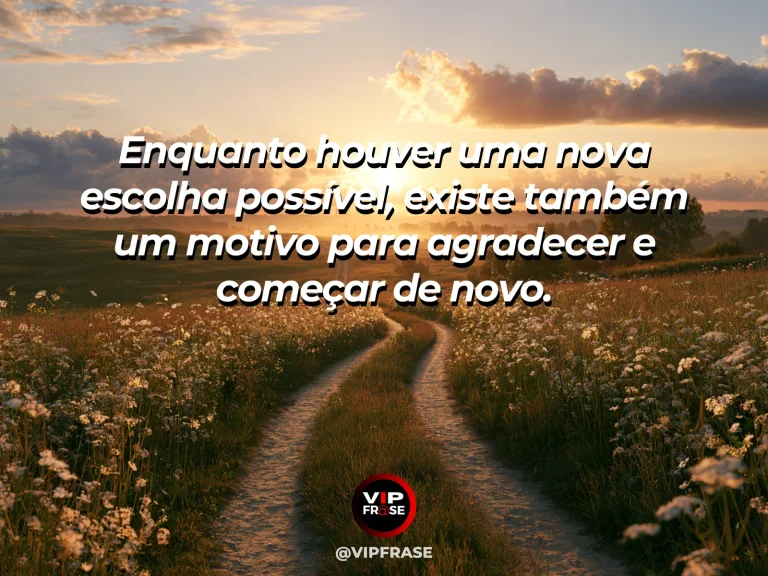 Frase de gratidão em cenário de estrada vazia ao nascer do sol dividindo uma paisagem aberta, transmitindo escolha e novo começo.