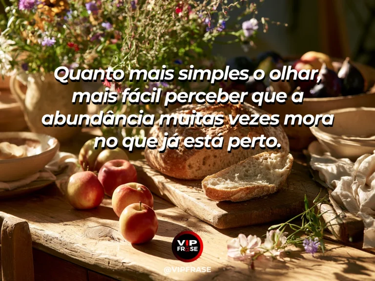 Frase de gratidão em cenário de mesa rústica com pão, fruta e flores do campo, composição simples e abundante sem luxo.