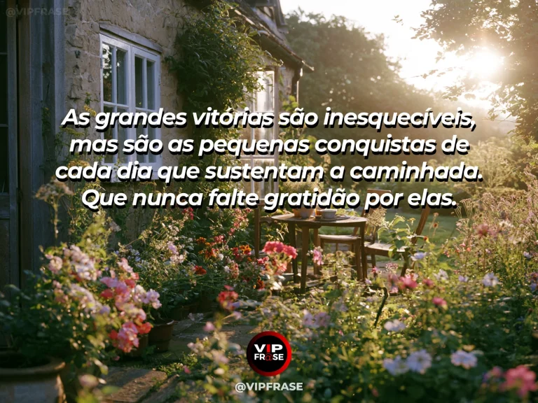 Mensagem de gratidão com cena de pequenos degraus de pedra subindo por jardim iluminado, simbolizando conquistas progressivas