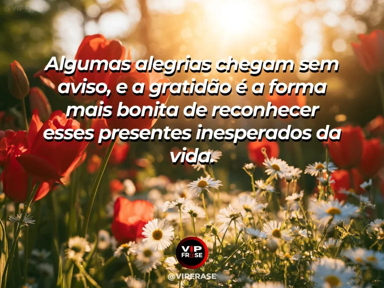 Mensagem de gratidão sobre surpresas boas da vida, com campo florido iluminado por sol suave com borboletas e atmosfera alegre