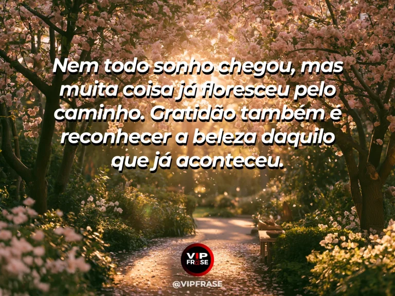 Mensagem de gratidão com cena de jardim florido ao longo de um caminho, com luz suave e sensação de progresso já realizado