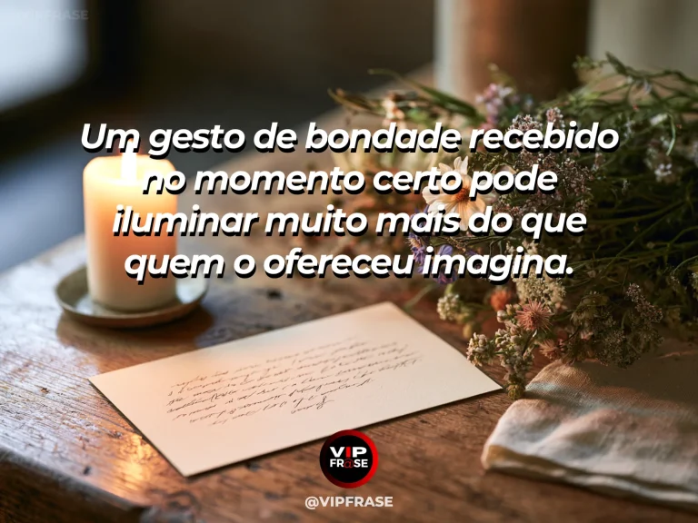 Frase de gratidão em cenário de pequeno buquê deixado sobre uma mesa com cartão sem texto visível, sugerindo gentileza inesperada.