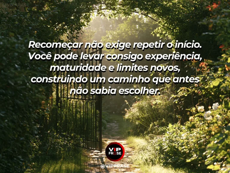 Mensagem de reflexão sobre recomeco e sabedoria, com casa contemporânea cercada por jardim recém-plantado e flores vivas ao amanhecer, simbolizando um novo início consciente.