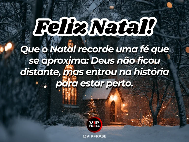Frase de Natal sobre a proximidade de Deus, com presépio minimalista iluminado por luz suave.
