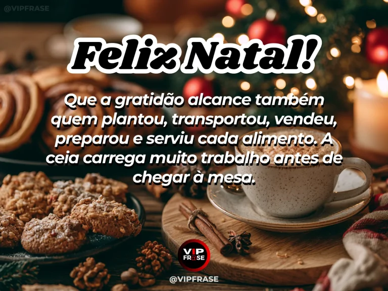 Arte de Natal sobre gratidao, trabalho, com ceia de Natal com pães, frutas e pratos servidos, em composição que valoriza o alimento.