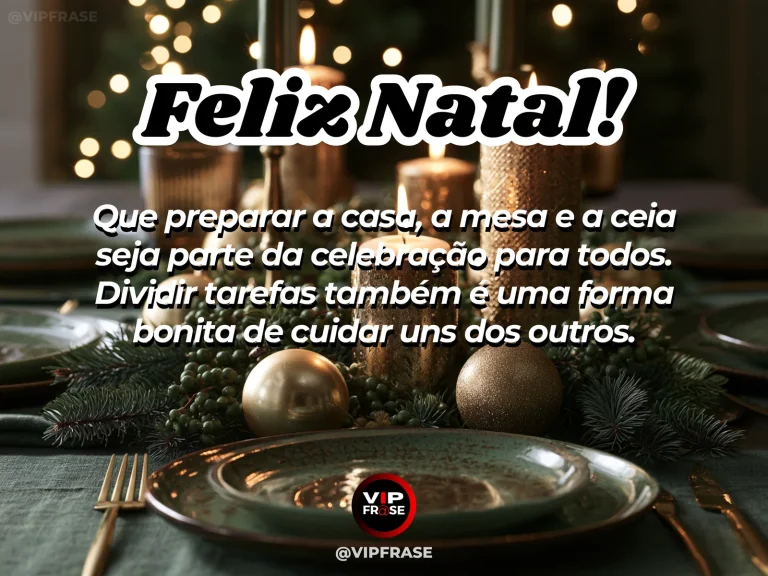 Arte de Natal sobre familia, carinho, com mesa de cozinha natalina sendo preparada com pratos, guardanapos e enfeites em clima de colaboração.