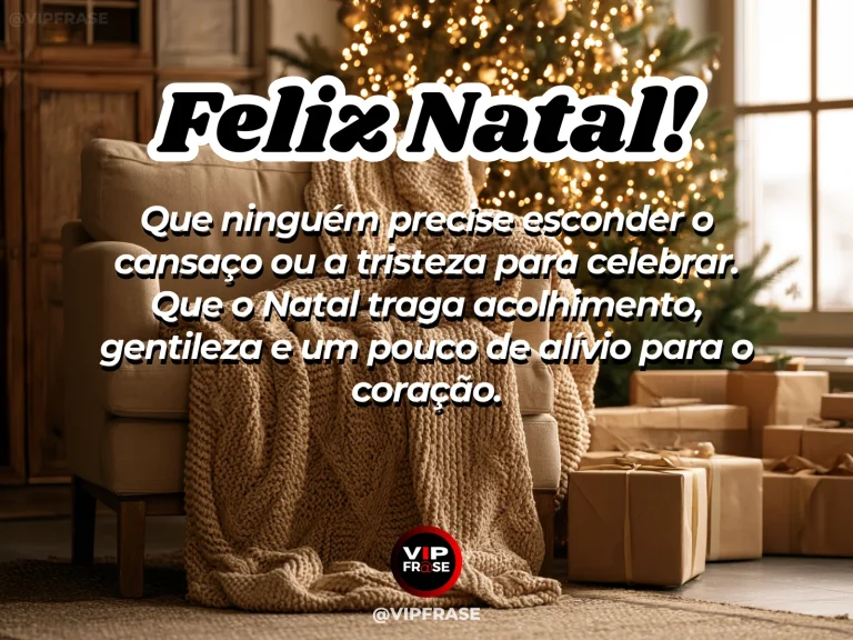 Mensagem de Natal sobre conforto, com poltrona confortável junto à árvore de Natal, manta macia, chá quente e iluminação acolhedora.