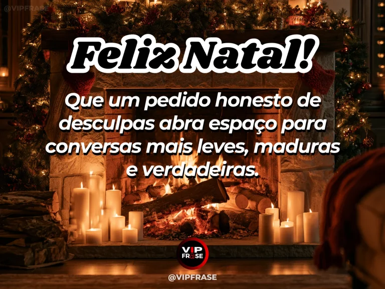 Mensagem de Natal sobre desculpas, com duas cadeiras junto a uma mesa natalina simples com um pequeno cartão fechado, luz suave e clima de reconciliação.