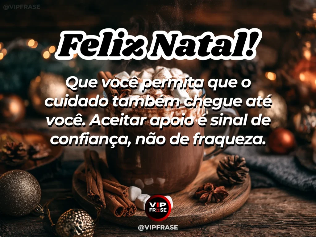 Mensagem de Natal sobre conforto e confiança, com duas canecas quentes e uma manta compartilhada junto à árvore de Natal, transmitindo apoio recebido com tranquilidade.