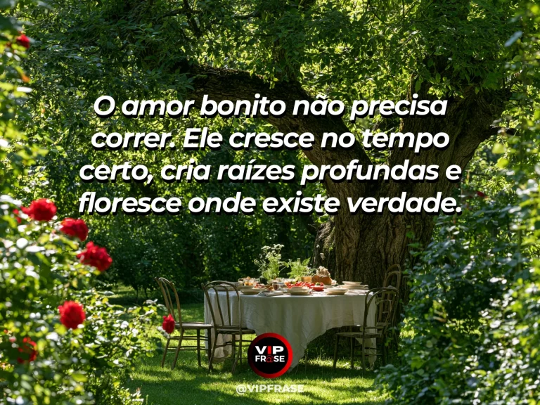 Frase de amor sobre tempo certo e crescimento, com fundo floral romântico.