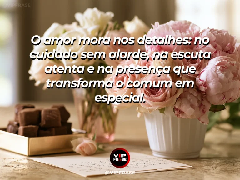 Frase de amor sobre pequenos gestos e carinho, com fundo delicado e acolhedor.