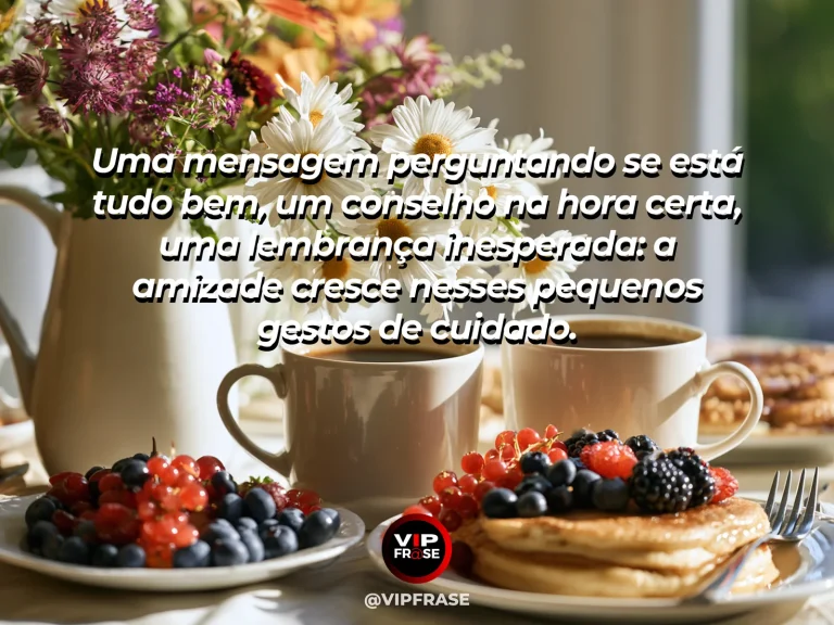Mensagem sobre amizade em cena de close-up of a smartphone with no visible text beside two mugs and a small flower.