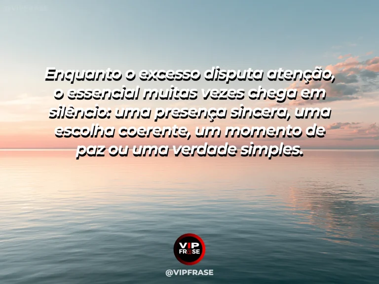 Mensagem reflexiva sobre essencial, simplicidade e sentido, com paisagem minimalista com árvore, água e horizonte luminoso.