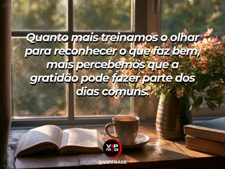 Mensagem de gratidão sobre o hábito bonito de agradecer, em xícara e livro junto à janela em manhã calma