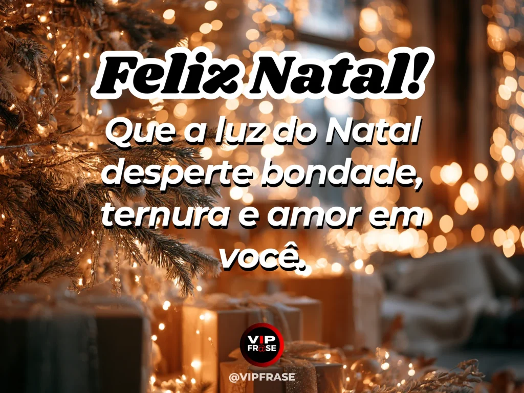 Mensagem de Natal sobre carinho, com luzes douradas de Natal envolvendo delicados ramos verdes, atmosfera acolhedora e luminosa.