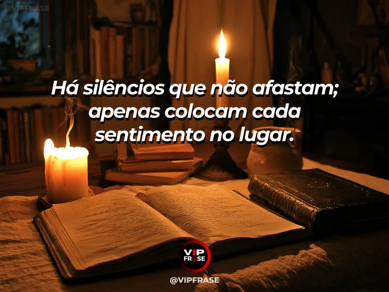 Frase reflexiva sobre silêncio e paz, com canto de leitura iluminado.