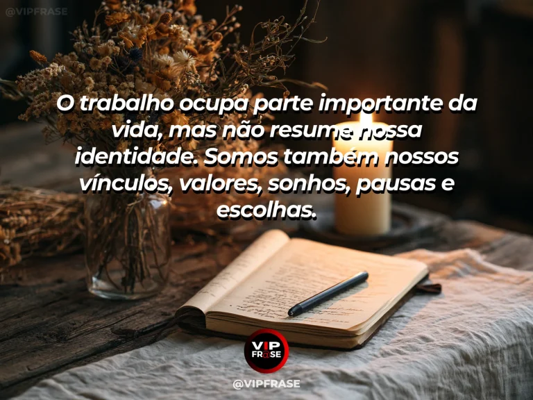 Mensagem reflexiva sobre trabalho, com mesa de trabalho organizada perto de uma janela aberta para um jardim ensolarado.