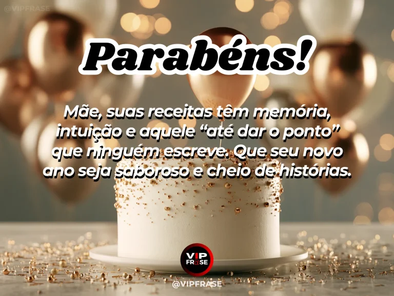 Mensagem de aniversário para mãe sobre receitas de família, com ingredientes, bolo e flores