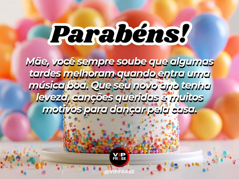 Mensagem de aniversário para mãe sobre felicidade e família, com vitrola e flores