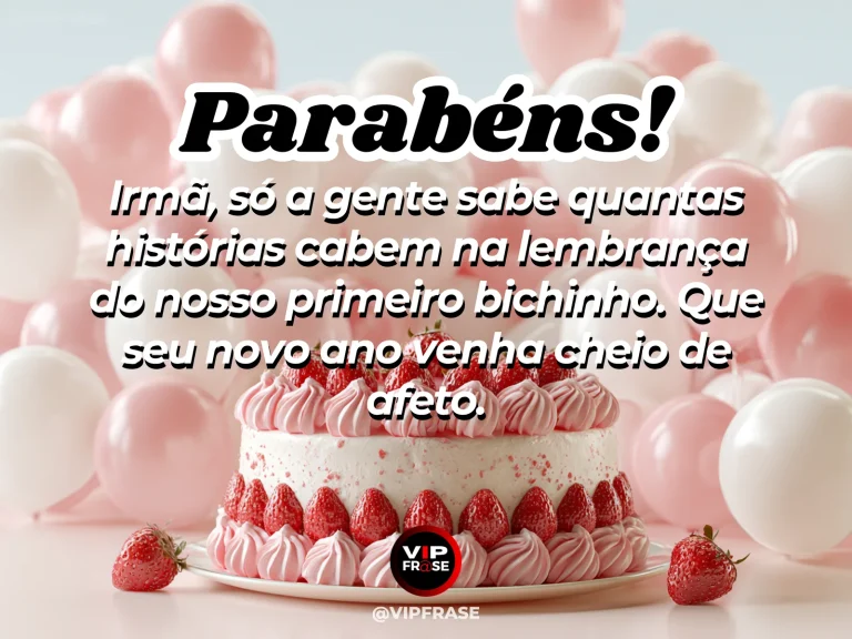 Mensagem de aniversário para irmã sobre o primeiro bichinho, com duas irmãs olhando uma fotografia antiga.