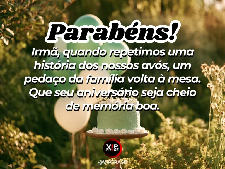 Mensagem de aniversário para irmã sobre histórias dos avós, com álbum de família, flores e bolo sobre uma mesa.