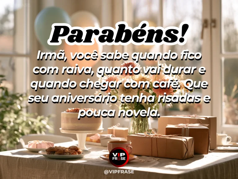 Mensagem de aniversário para irmã com humor e carinho, com duas canecas de café em uma mesa de celebração.