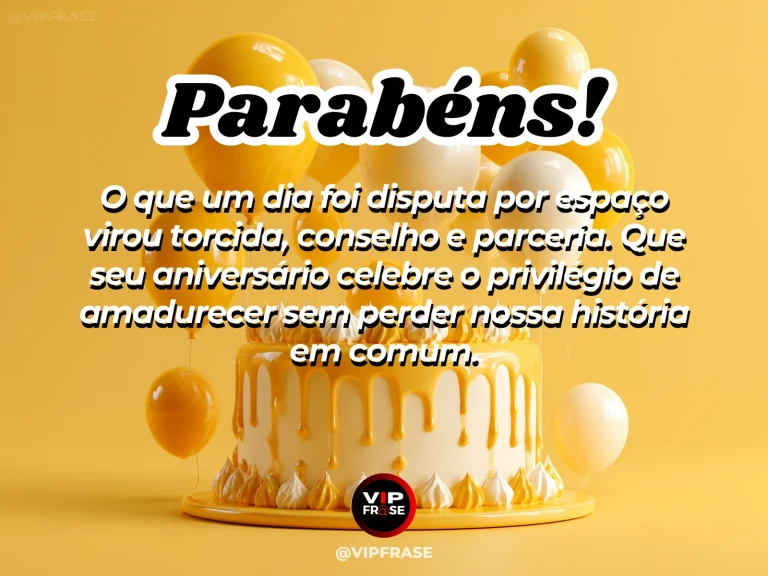 Mensagem de aniversário para irmã sobre rivalidade e parceria, com fitas entrelaçadas e símbolos de celebração