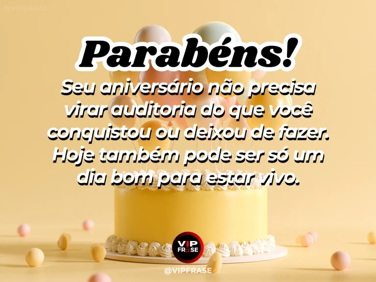 Arte de aniversário sobre celebrar sem cobranças, com bolo simples em ambiente iluminado naturalmente.
