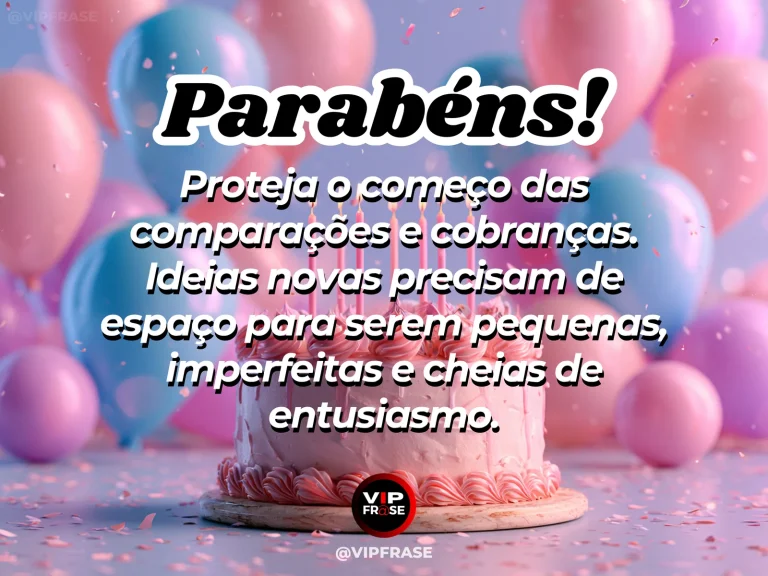 Frase de aniversário sobre coragem e entusiasmo, com velas e faíscas em cenário criativo.