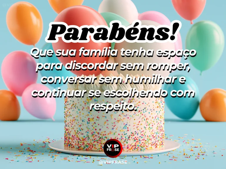 Frase de aniversário sobre família e respeito, com gerações reunidas em uma conversa acolhedora.