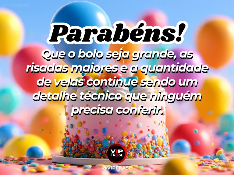Frase engraçada de aniversário, com bolo grande, poucas velas e amigos rindo em uma festa.