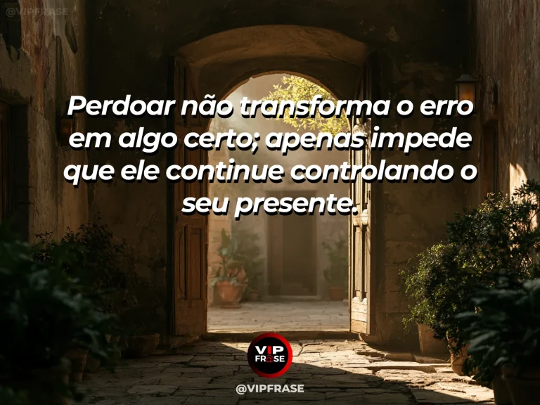 Frase reflexiva sobre perdão com porta aberta para jardim ensolarado.