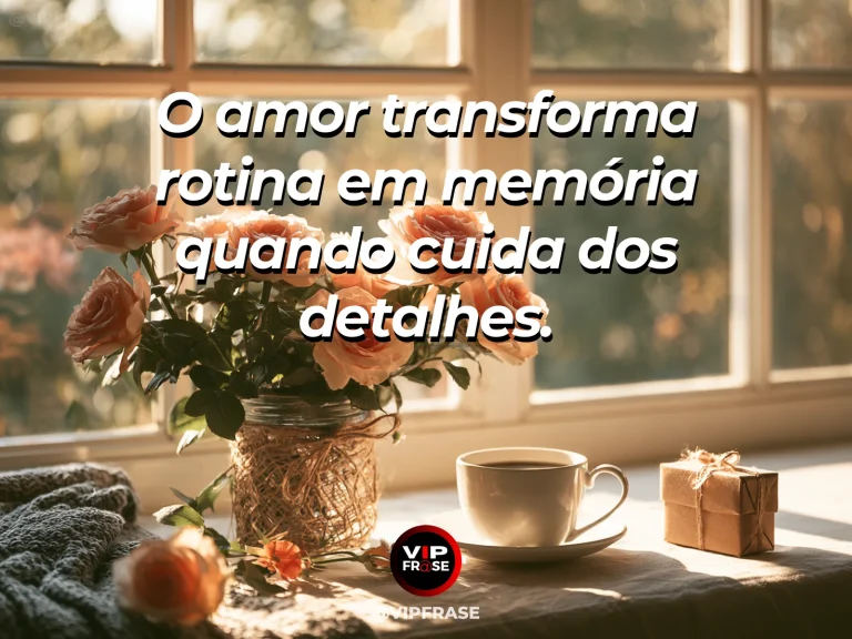 Frase sobre amor, com flores, café e pequenos detalhes cotidianos.