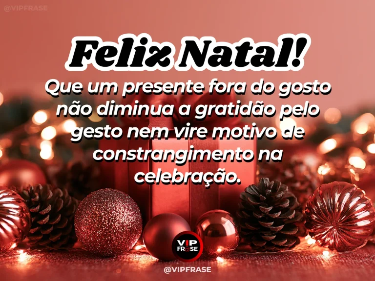 Frase de Natal sobre gratidão pelo gesto, com mãos segurando um presente natalino inesperado.