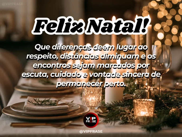 Mensagem de Natal sobre carinho, com mesa redonda natalina com várias cadeiras aproximadas, velas e luz acolhedora simbolizando união.