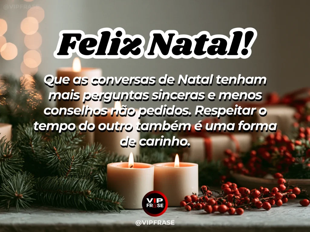 Arte de Natal sobre sabedoria, carinho, com duas xícaras sobre mesa natalina com velas e ambiente acolhedor de conversa tranquila.