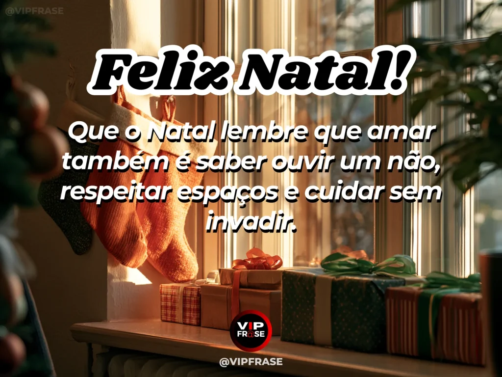 Mensagem de Natal sobre amor e sabedoria, com dois presentes separados por um espaço harmonioso sob a mesma árvore de Natal, simbolizando proximidade com limites respeitados.