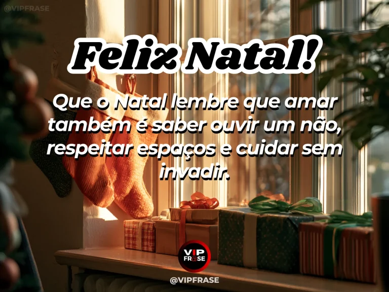 Mensagem de Natal sobre amor e sabedoria, com dois presentes separados por um espaço harmonioso sob a mesma árvore de Natal, simbolizando proximidade com limites respeitados.