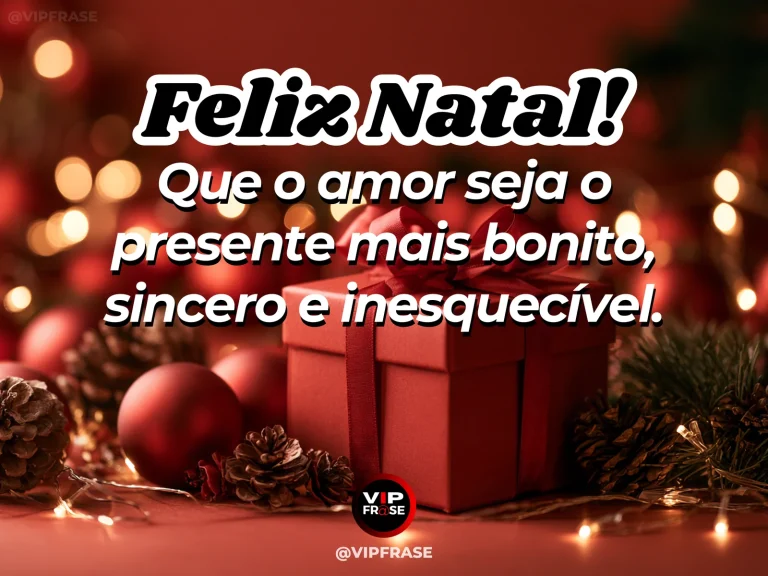 Mensagem de Natal sobre amor, com presente natalino delicado com laço vermelho, luzes quentes e coração discreto formado por brilho.
