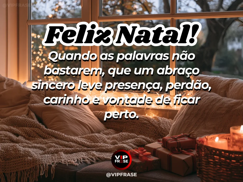 Mensagem de Natal sobre carinho, com duas mantas sobrepostas em um sofá natalino com luz quente e árvore ao fundo, metáfora visual de abraço e proximidade.