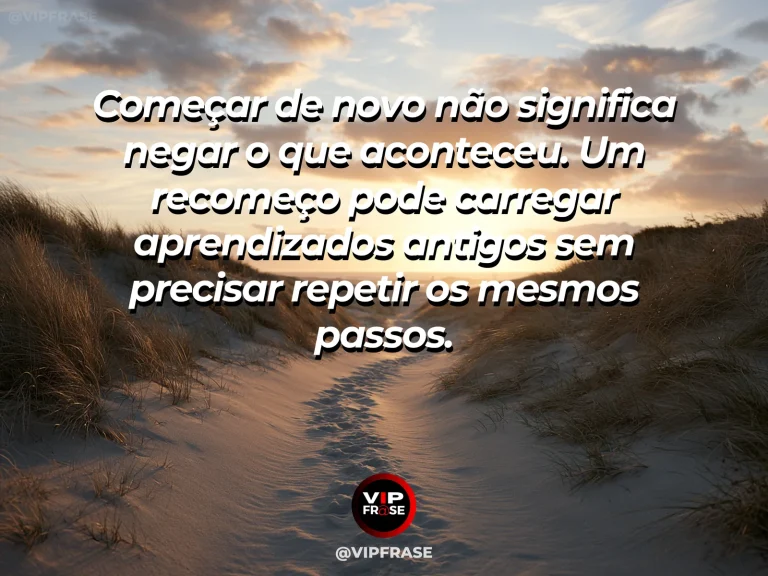 Mensagem reflexiva sobre recomeço com aprendizado, com caminho entre colinas verdes em direção ao nascer do sol.