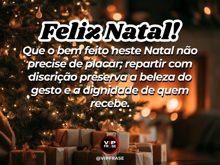 Frase de Natal sobre repartir com discrição, com sacola e presente deixados junto a uma porta decorada.