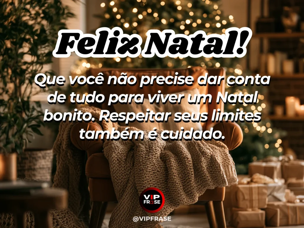 Mensagem de Natal sobre autoestima e carinho, com poltrona confortável ao lado de uma árvore de Natal simples, manta e luz quente, transmitindo pausa e autocuidado.