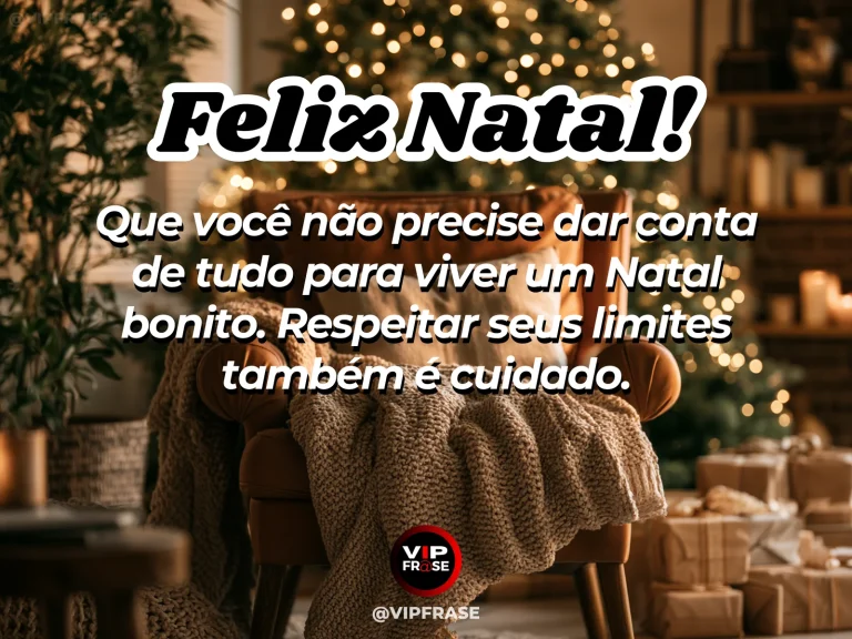 Mensagem de Natal sobre autoestima e carinho, com poltrona confortável ao lado de uma árvore de Natal simples, manta e luz quente, transmitindo pausa e autocuidado.